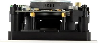 Vista laterale dell’altoparlante da soffitto ArtSound FL101 BT, telaio nero aperto con altoparlante e scheda elettronica