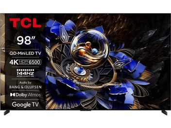 TCL 98X11K kõrglahutusega teler, must, õhuke metallist ja plastist raam, 98-tolline suur lameekraan, diskreetsed jalad, vaade eestpoolt