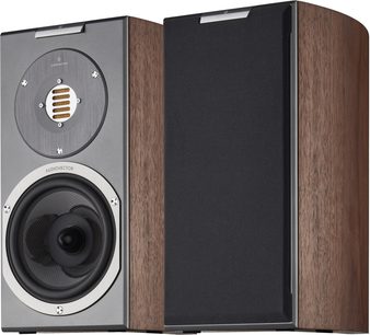 Pair of AudioVector R1 bookshelf speakers, discontinued walnut model in brown walnut veneer with dark gray aluminum baffle, gold AMT tweeter, black woofer, and black fabric grille, three-quarter front view