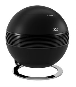 Pack de colunas Riga 2 + subwoofer Pearl Sub preto fosco, esfera preta com superfície lisa e ranhuras horizontais, suporte circular prateado