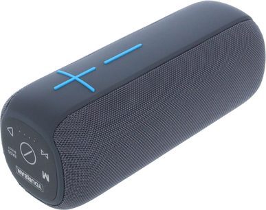 Yourban Getone 48 harmaa bluetooth-kaiutin, perspektiivikuva, koholla olevat siniset painikkeet, verkkopinta, päädyssä ohjaimet