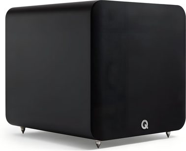 Q Acoustics Q SUB120 matte black MDF subwoofer with rounded corners, front fabric grille featuring a silver Q logo, resting on four metal spikes, front left perspective view