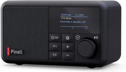 Sort Pinell Compact digitalradio i plast, stofgitter, farveskærm og stor knap, trekvart forfra-view