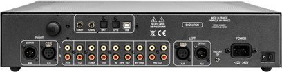 Atoll Electronique PR300 Evolution -stereoesivahvistin, musta, takanäkymä, RCA-, XLR-, USB-liittimet, virtalähde