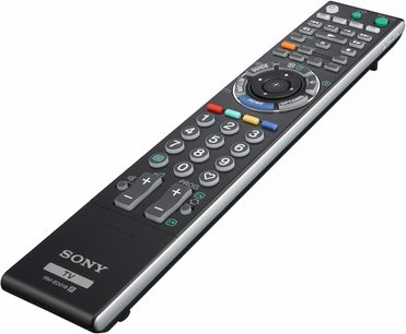 Sony RM-ED016 sort TV-fjernbetjening, set oppefra, med flerfarvet numerisk tastatur og kontrolknapper