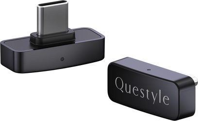 Компактен безжичен предавател Questyle QCC DONGLE PRO в черно с USB-C конектор и сребристо лого