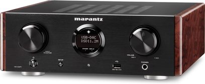 Marantz HD-AMP1 sort hi-fi stereforstærker, set forfra, sort front med sølvfarvede knapper og drejeknapper, grøn display