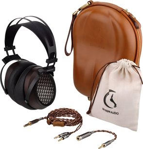 Sendy Audio Aiva 2 open-back hi-fi headphones in black and brown with braided cable, brown hard case and matching fabric pouch