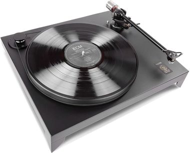 Gold Note Valore 425 Plus sort pladespiller med B-5 tonarm, set ovenfra med lukket låg, på hvid baggrund