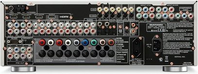 Marantz SR5003 hjemmebiograf-forstærker, bagside, analog og digital audio/video-tilslutning, antenner, højttalerstik