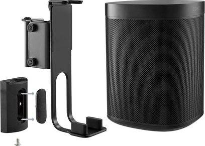 Czarna ścienna podstawka Norstone Mount do głośnika Sonos One, wykonana z perforowanego metalu, z elementami montażowymi i akcesoriami
