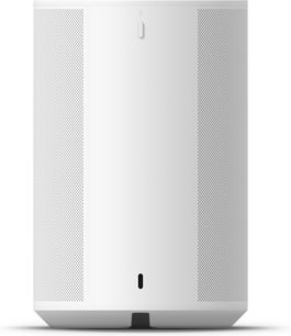 Biely pripojený reproduktor Sonos Era 100 SL pri pohľade spredu, vertikálny minimalistický dizajn so širokými bočnými mriežkami