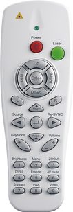 Hvid Optoma EX774N fjernbetjening med knapper til at styre kilde, lydstyrke, zoom, lysstyrke og menu