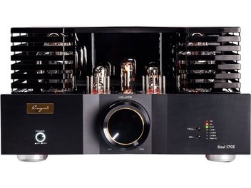 Cayin Soul 170i sort integreret stereo rørforstærker i børstet aluminium, set forfra, med stor cirkulær guldfarvet volumenkontrol, synlige glødende rør under perforerede sidegitre og flerfarvede indgangsindikatorer