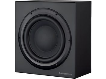 Subwoofer Bowers & Wilkins CT SW15 nero, vista frontale, forma cilindrica, altoparlante centrale, 4 viti di fissaggio