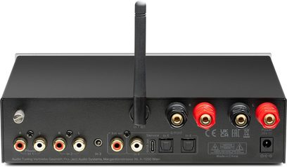 Integrovaný stereo hi-fi zosilňovač Pro-Ject Stereo Box E biely, zadný pohľad, RCA konektory, svorky na reproduktory, anténa, optické porty