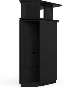 Klipsch Khorn AK7 Black Ash gulvhøjttaler med sort finish, delvis bagudvendt visning med synlige stik
