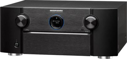 Marantz SR-7012 sort hjemmebiografsforstærker, set forfra, sort front, 2 drejeknopper, 1 blå skærm, 2 hovedtelefonstik