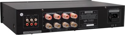 Amplificatore hi-fi stereo Taga Harmony TA-400MIC (2023), vista posteriore, connettori RCA, terminali per altoparlanti, presa di alimentazione