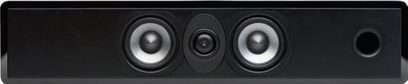 Boston Acoustics RS 223 sort midterkanal, set forfra, med 2 mellemtone-højtalere og 1 diskant, beskyttelsesgitter