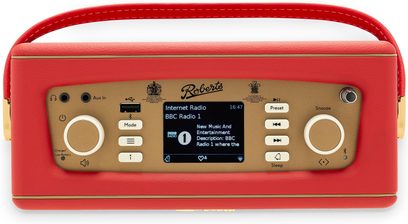 Forsidebillede af Roberts Revival iStream 3L bordradio i rød, rektangulært kabinet i rød tekstureret læderlignende materiale med matchende håndtag, forgyldt betjeningspanel med central farveskærm, to cirkulære drejeknapper og hvide knapper