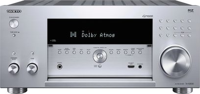 Onkyo TX-RZ830 sølvfarvet hjemmebiografsforstærker, frontvisning, "Dolby Atmos"-display, kontrolknapper og -hjul, sølvfarvet frontpanel