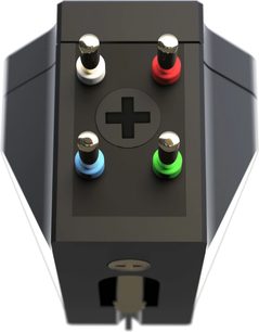 Pick It MC9 cartridge for hi-fi turntable, bottom view, gold-plated metal connectors with red, green, blue, and white color codes