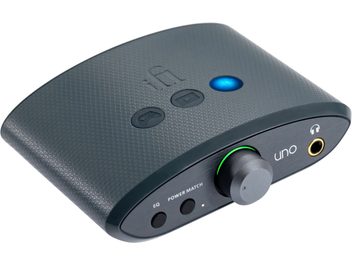 iFi Audio Uno svart texturerad audio DAC-omvandlare, ovanifrån vy, lysande blå knapp, jack- och USB-uttag
