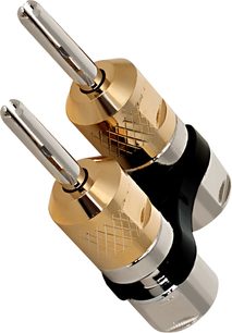 Zwei vergoldete, konisch gerillte Bananenstecker von Cardas CABD, Seitenansicht, schwarzer Körper, goldene Spitzen