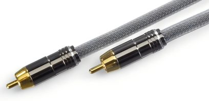 Cablu audio RCA Siltech Explorer 180i, înveliș textil gri, conectori metalici negri și aurii cu pini aurii, vedere laterală