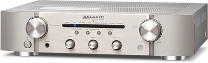 Hi-fi stereo zesilovač Marantz PM6007 ve stříbrno-zlatém provedení, pohled zepředu, stříbrná čelní deska s tlačítky a konektory, 2 stříbrné ovládací knoflíky