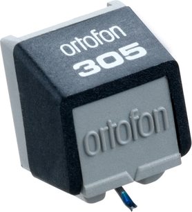 Diamant za gramofonsko iglo Ortofon STYLUS 305, perspektivni pogled, črno in sivo ohišje, napis "ortofon 305" v beli barvi