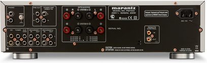 Marantz PM7003 stereo hi-fi amplifier, front view, black facade with buttons, inputs, and LED display