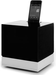 Tangent Fjord sort og hvid multimedie-dock, perspektivisk forfra, med en sort smartphone på holderen