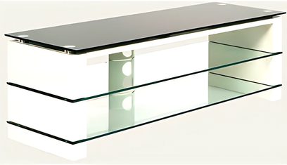 Gennemsigtigt TV-møbel i glas med 3 niveauer, rektangulære hylder og sort metalramme, set forfra