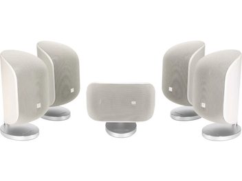 5-pack of Bowers & Wilkins M1 MK2 compact white oval speakers on metal stands, front view
