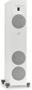 Altavoz columna Motion F10 blanco mate con 3 rejillas circulares grises, un tweeter rectangular y 4 patas metálicas
