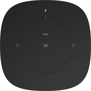 Sonos One (2. gen.) højttaler i mat sort, set oppefra, cylindrisk form, perforeret gitter, central afspil/pause-knap