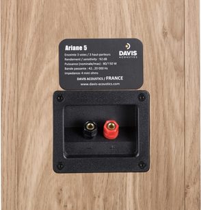 Zadní pohled na sloupovou skříň Davis Acoustics Ariane 5 v světlém dubu, černý svorkovnicový panel se dvěma červenými a černými svorkami
