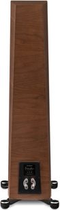 Paradigm Founder 80F floorstanding speaker in walnut finish, front view, vertically grained wood, black speakers, black base