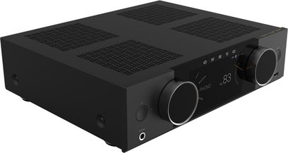 Stereo hi‑fi zesilovač Onkyo Y-40 černý, čelní panel s velkým centrálním displejem a dvěma širokými ovladači, pohled ze tříčtvrtečního úhlu
