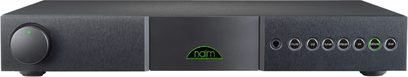 Naim Audio NAIT XS3 stereo hi-fi amplifier, front view, matte black facade with buttons and green LEDs, brushed aluminum