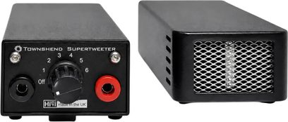 Super-tweeter Townshend Maximum Supertweeters neri, visti di fronte e da dietro, con griglia argentata e manopola