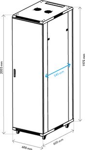 Bahía audiovisual Norstone Pro Rack 42U vista isométrica, estructura rectangular negra con ruedas, dimensiones indicadas.