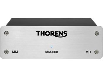 Thorens MM-008 MC silver phono preamp, front view, rectangular metallic enclosure, silver front panel, centered black logo