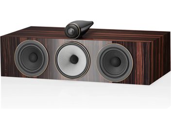 Diffusore centrale Bowers & Wilkins HTM71 S3 Signature in legno scuro lucido, con 3 altoparlanti rotondi e 1 tweeter nero sulla parte superiore