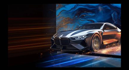 Šedé antracitové kupé BMW v předním tříčtvrtečním pohledu, výrazná maska chladiče a LED světlomety na abstraktním modro-oranžovém pozadí