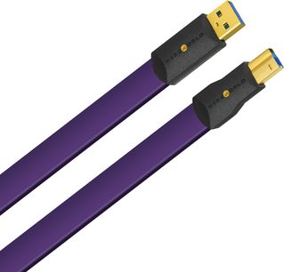 Dwa fioletowe kable USB 3.0 A do B o długości 3 metrów, z czarnymi i złotymi złączami, marki Wireworld Ultraviolet 8