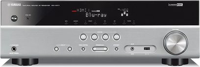Yamaha RX-V377 namų kino stiprintuvas, titano spalvos, vaizdas iš priekio, mėlynas ekranas, mygtukai ir jungtys priekinėje dalyje