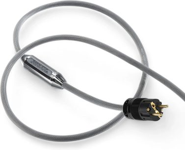 Siltech Explorer 270P Power 1 m, cable de alimentación con funda trenzada gris, casquillo metálico, enchufe de dos clavijas redondas doradas